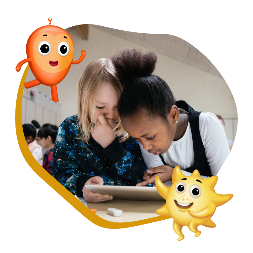 2 elementary age kids using a tablet with AllSorts characters surrounding them.