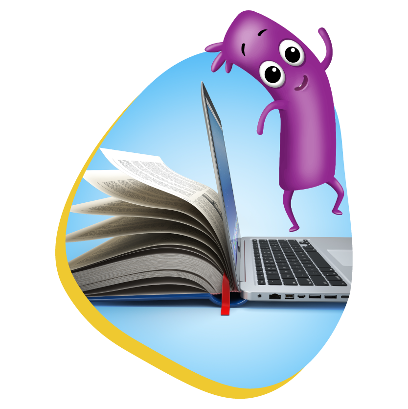 An open textbook and laptop with an AllSorts character surrounding.