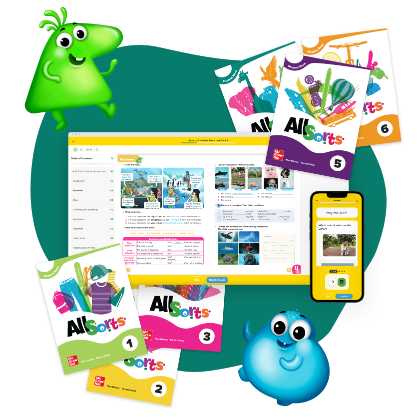 Collage of AllSorts characters, workbooks and laptop with AllSorts user interface.